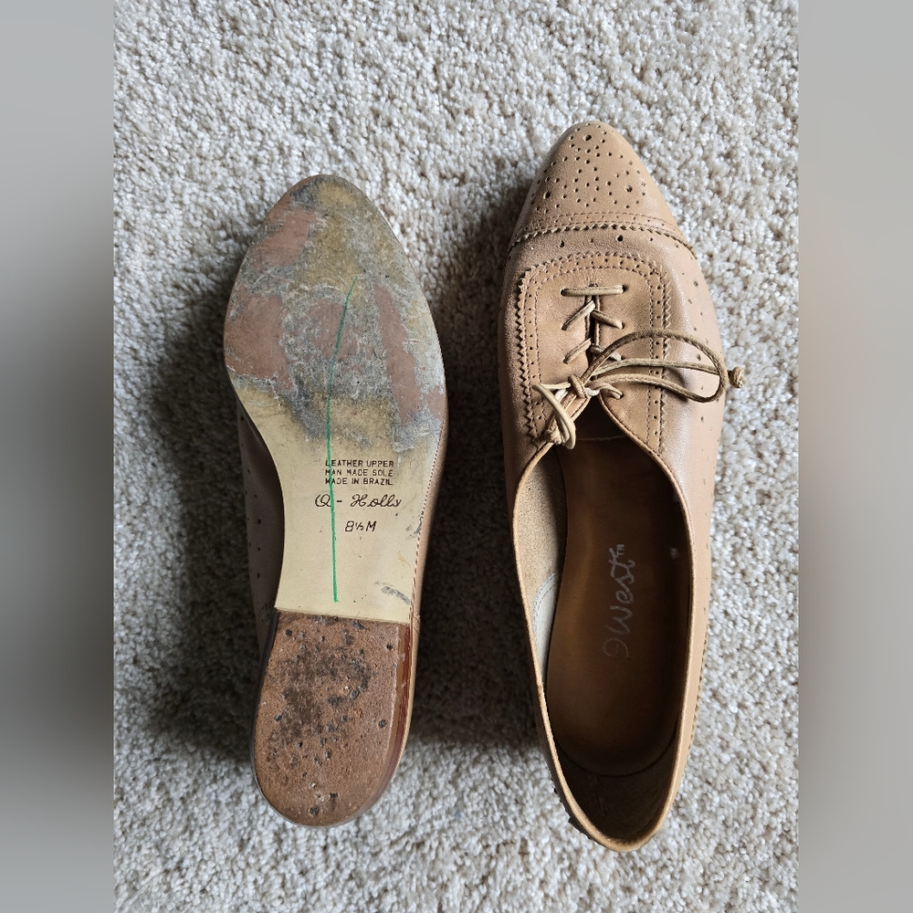 Vintage 9 West Beige Soft Leather Lace Up Oxford Flat Made In Brazil Sz. 8.5 M - Picture 5 of 7